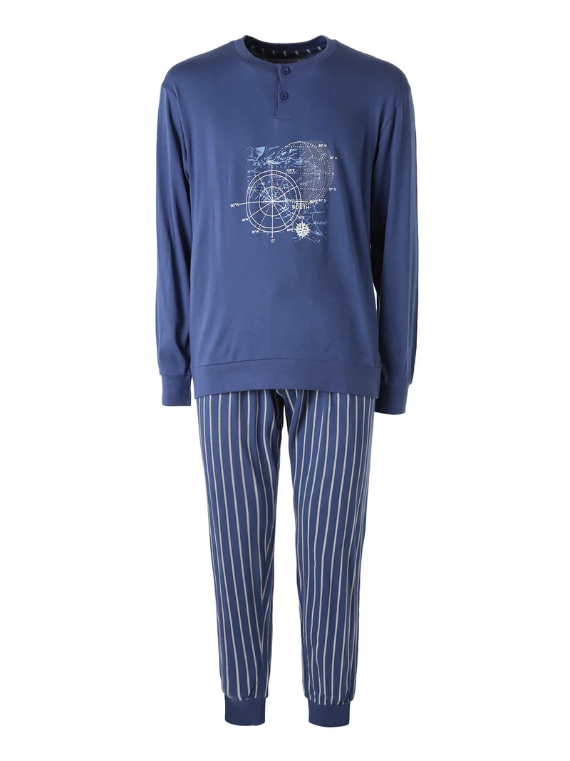 WORLD TRIP Pigiama lungo da uomo in cotone jersey - blu