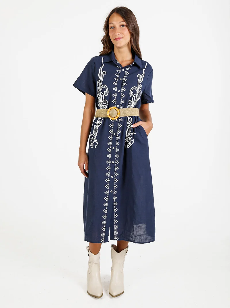 Abito donna a maniche corte in misto lino con ricami - blu