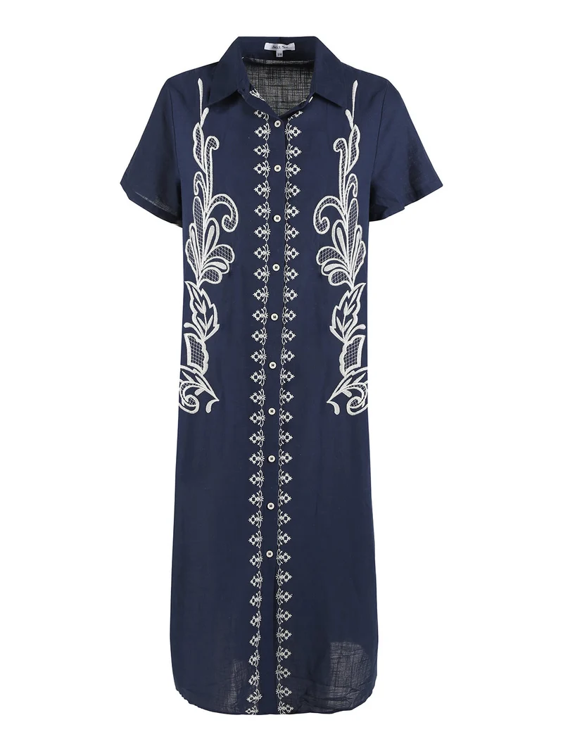 Abito donna a maniche corte in misto lino con ricami - blu