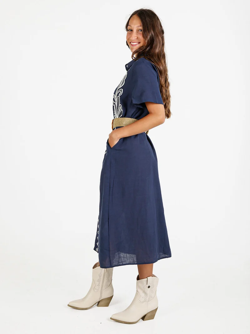 Abito donna a maniche corte in misto lino con ricami - blu