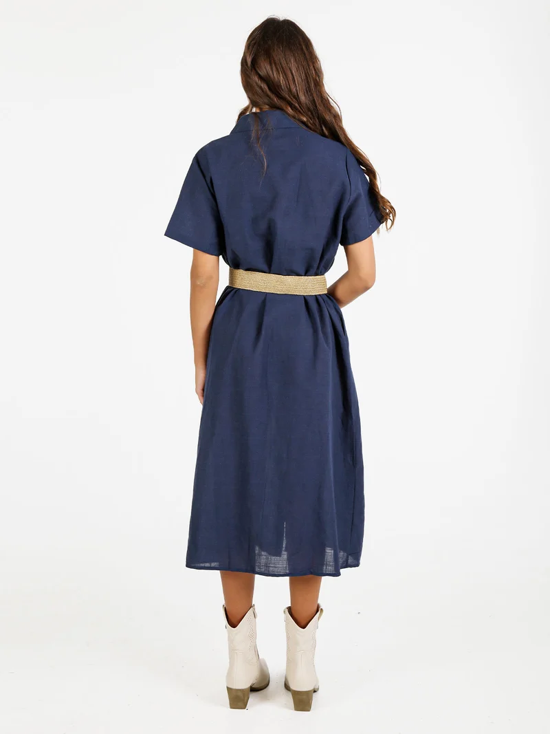 Abito donna a maniche corte in misto lino con ricami - blu