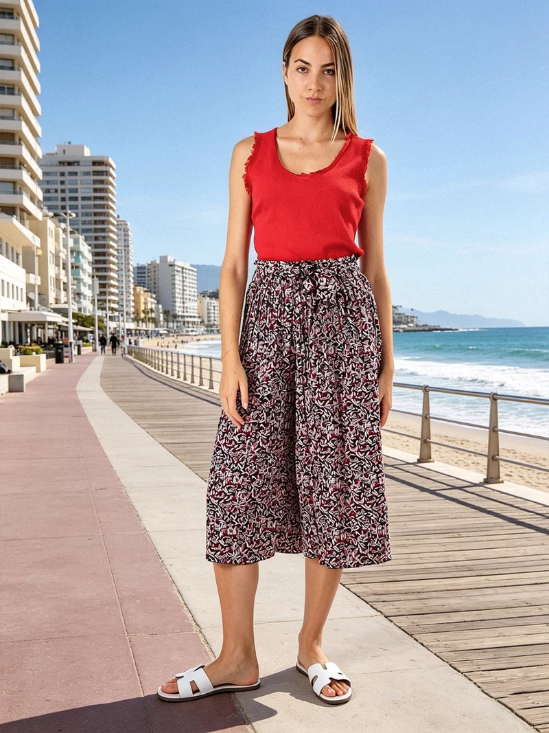 Pantaloni donna culotte con stampa floreale - blu scuro