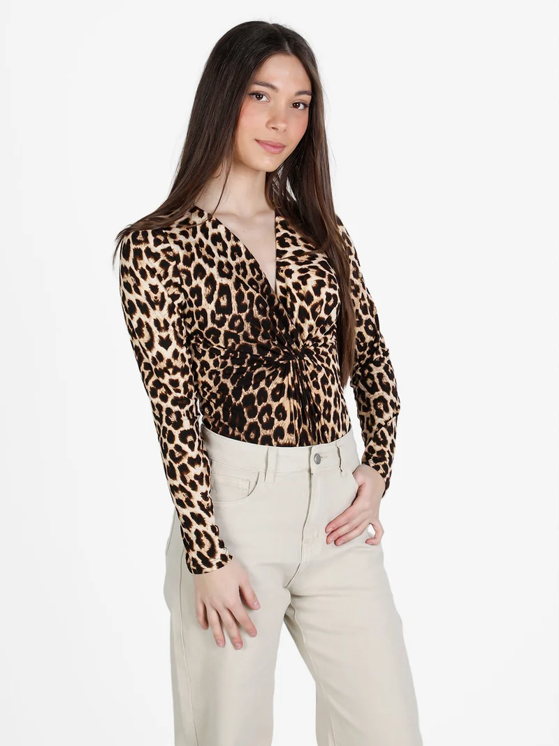 Body donna a maniche lunghe con stampa animalier - cammello