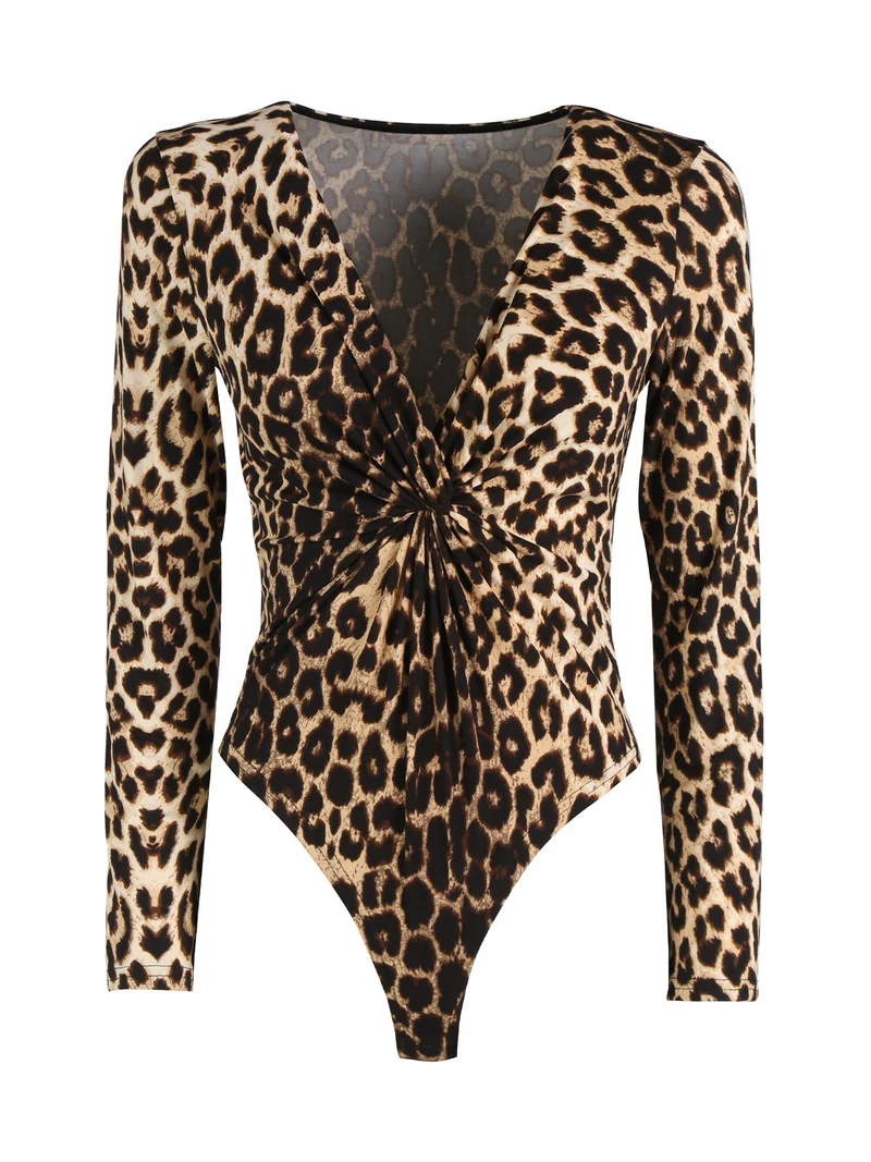 Body donna a maniche lunghe con stampa animalier - cammello