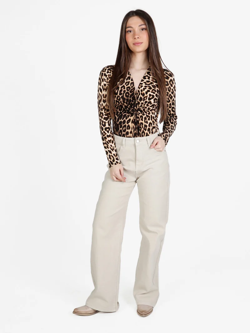 Body donna a maniche lunghe con stampa animalier - cammello