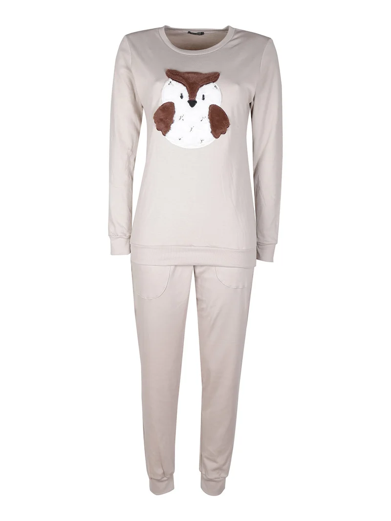 Pigiama lungo da donna in cotone interlock con stampa pelosa - beige