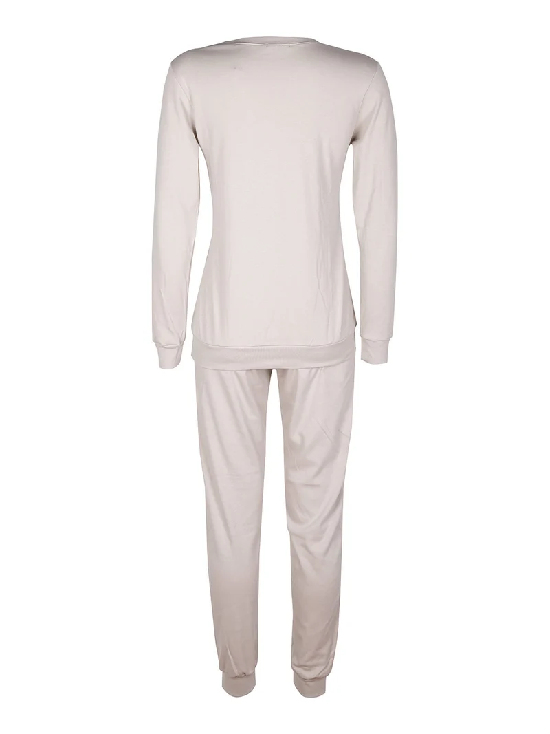 Pigiama lungo da donna in cotone interlock con stampa pelosa - beige
