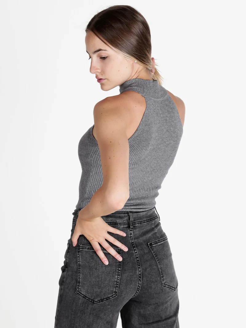 Top donna a costine con collo a lupetto - grigio