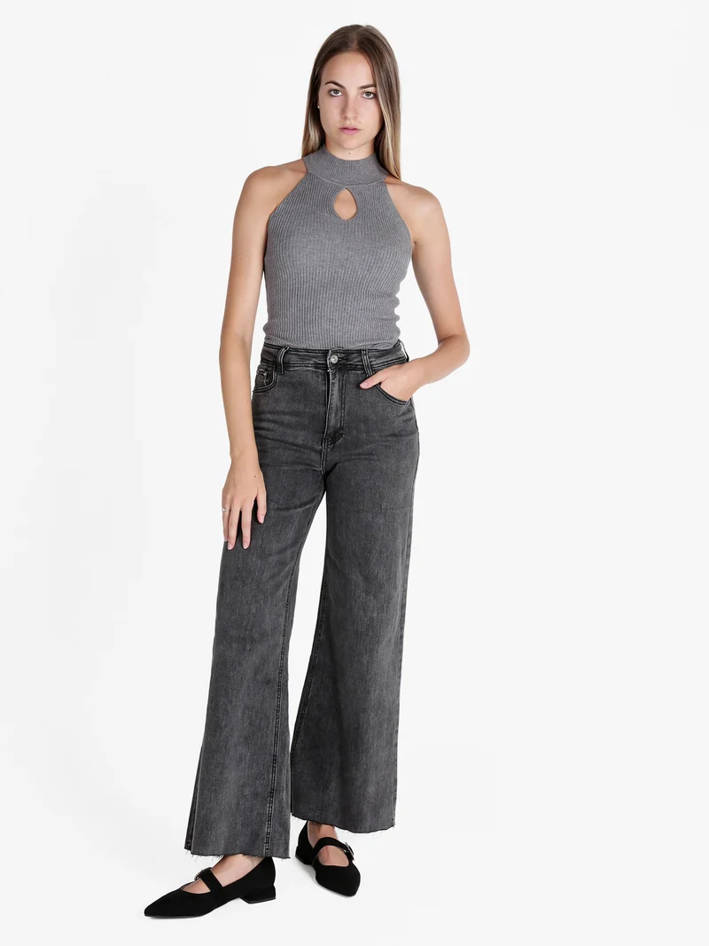 Top donna a costine con collo a lupetto - grigio