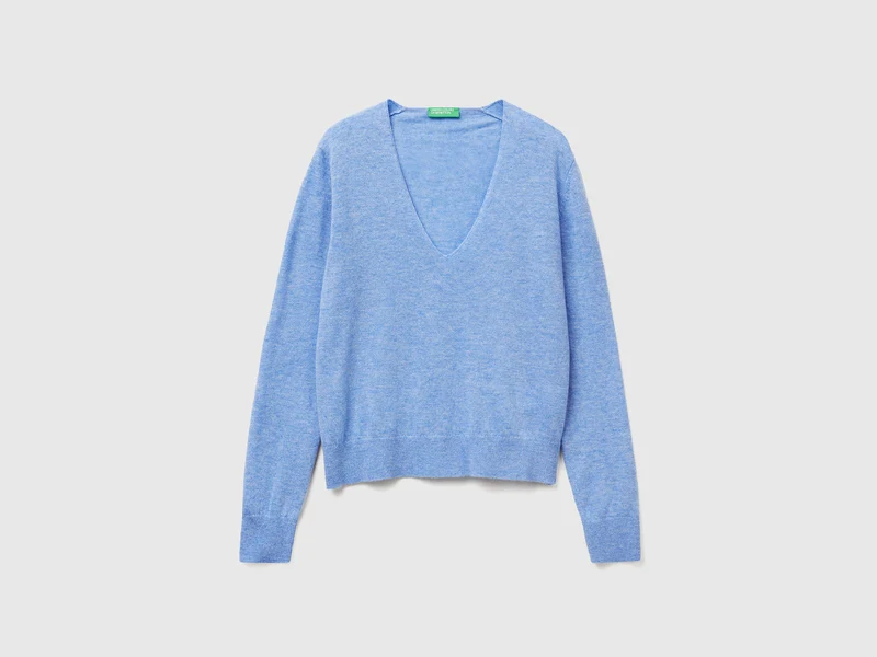 Hellblauer Pullover mit V-Ausschnitt aus reiner Merinowolle