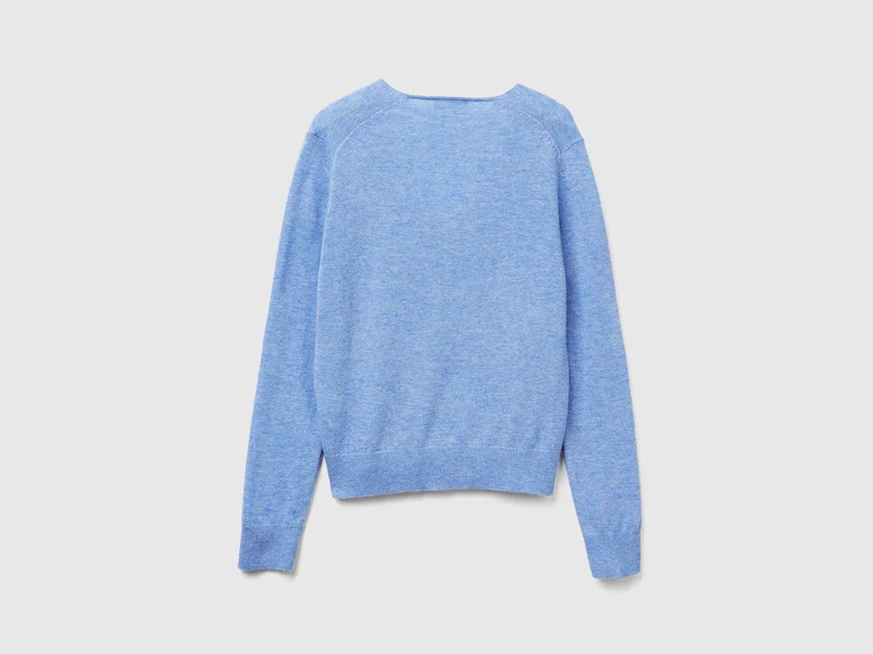Hellblauer Pullover mit V-Ausschnitt aus reiner Merinowolle