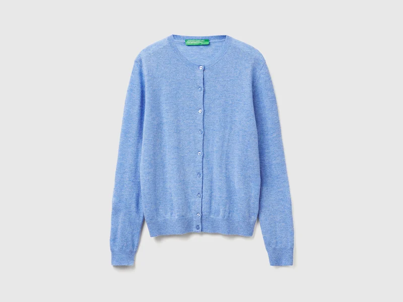 Hellblauer Rundhals-Cardigan aus reiner Merinowolle