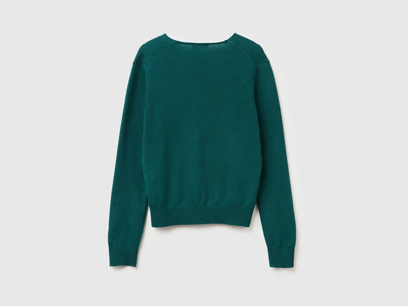 Grüner Pullover mit V-Ausschnitt aus reiner Merinowolle