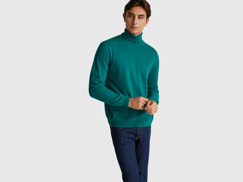 Waldgrüner Rollkragenpullover aus reiner Merinowolle