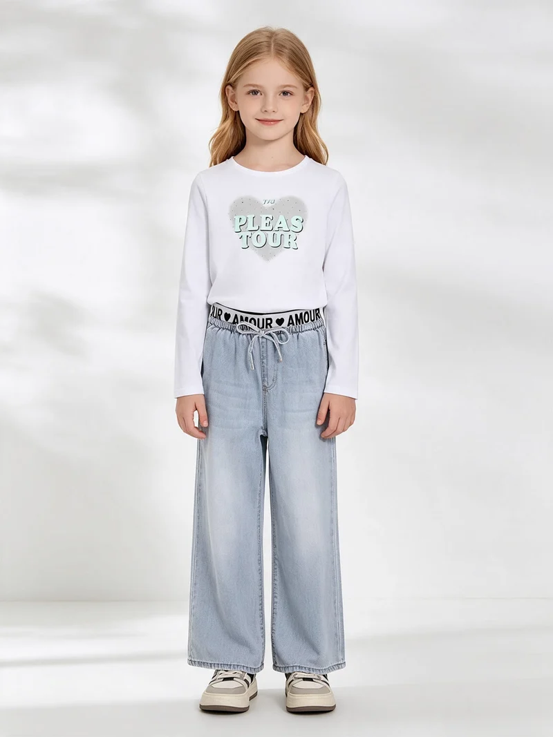 Completo 2 pezzi da bambina con t-shirt e jeans a gamba larga - acqua marina