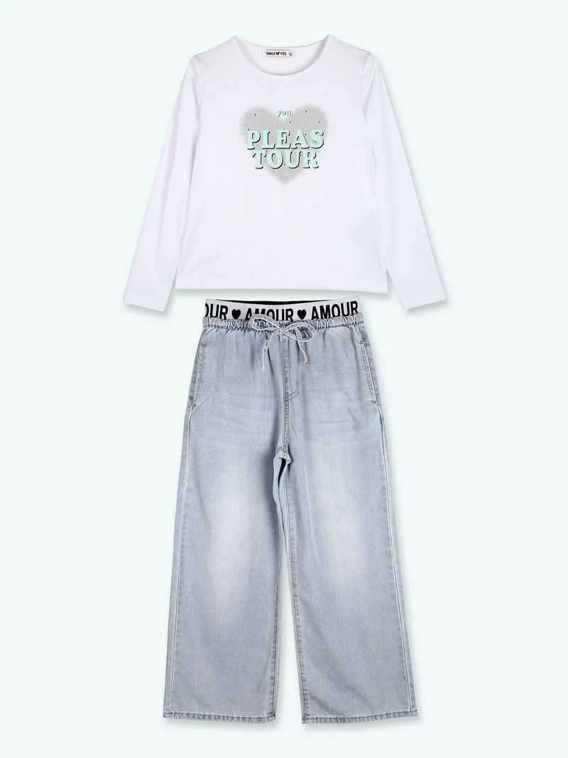 Completo 2 pezzi da bambina con t-shirt e jeans a gamba larga - acqua marina