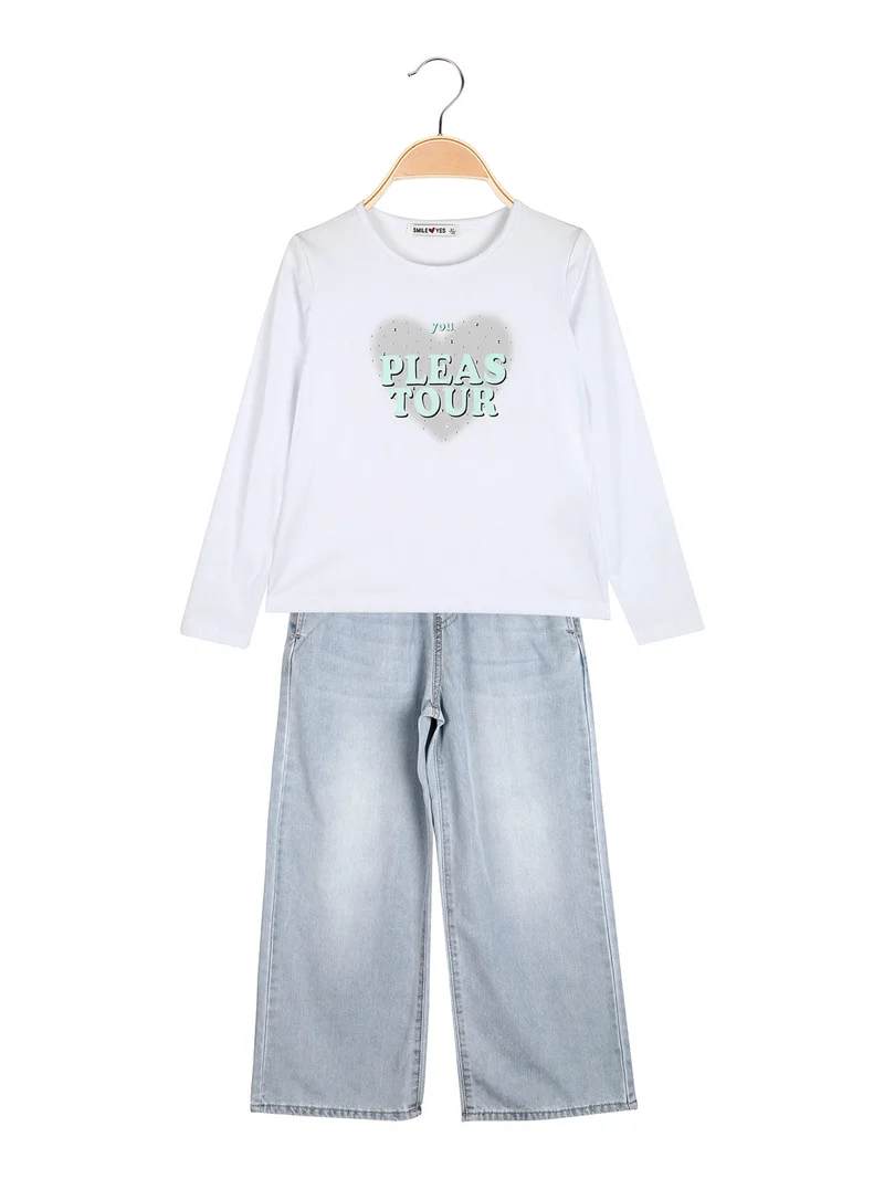 Completo 2 pezzi da bambina con t-shirt e jeans a gamba larga - acqua marina