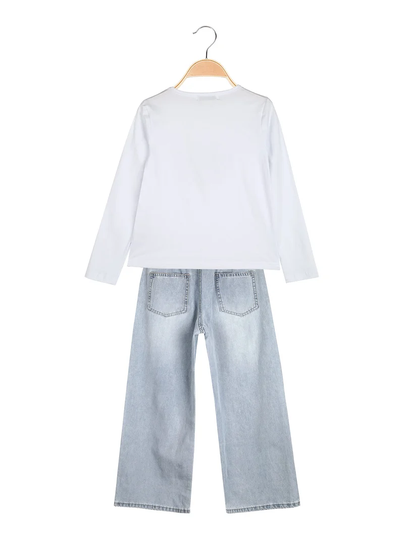 Completo 2 pezzi da bambina con t-shirt e jeans a gamba larga - acqua marina