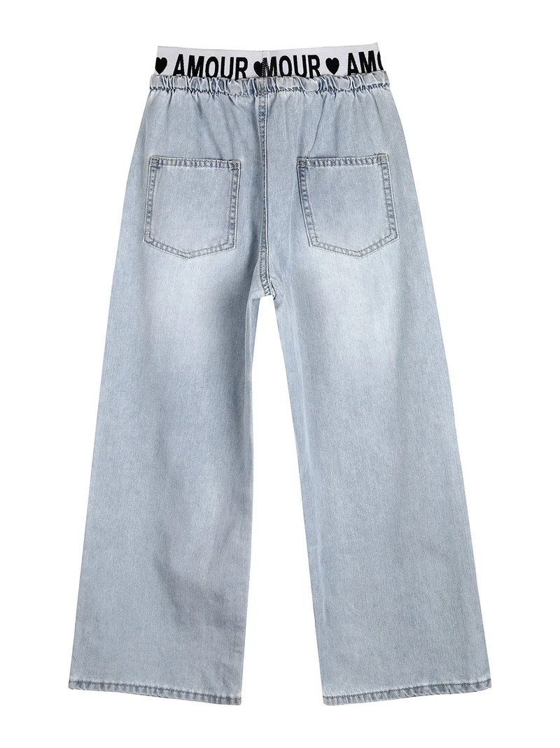 Completo 2 pezzi da bambina con t-shirt e jeans a gamba larga - acqua marina