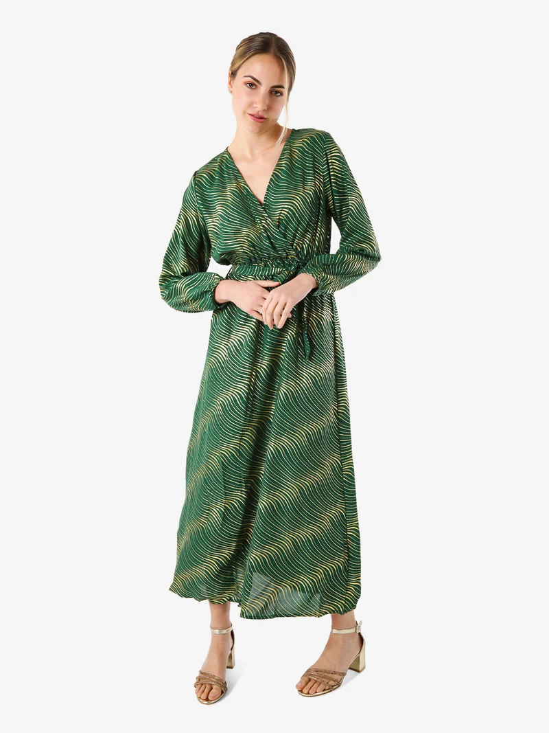 Abito lungo da donna a maniche lunghe con stampa a righe dorate - verde