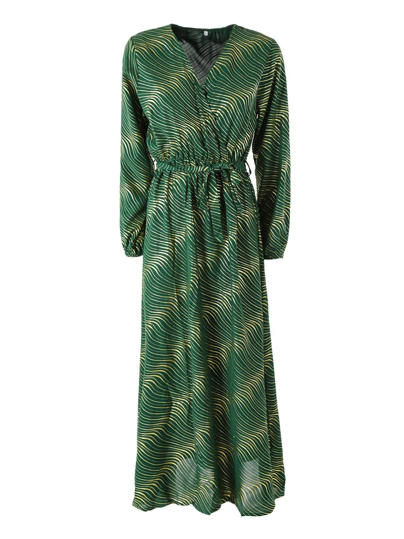 Abito lungo da donna a maniche lunghe con stampa a righe dorate - verde
