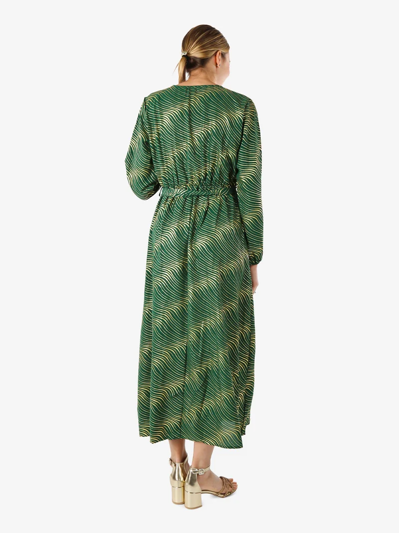 Abito lungo da donna a maniche lunghe con stampa a righe dorate - verde