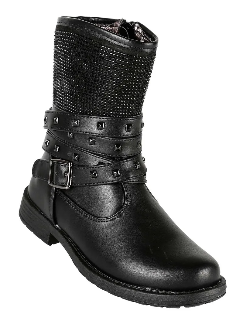 Stivali da bambina con borchie e strass - nero