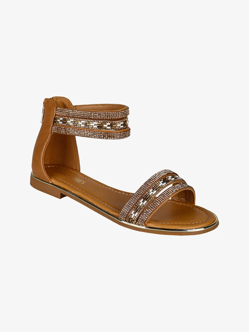 Sandali donna gioiello con tallone chiuso e zip - cammello
