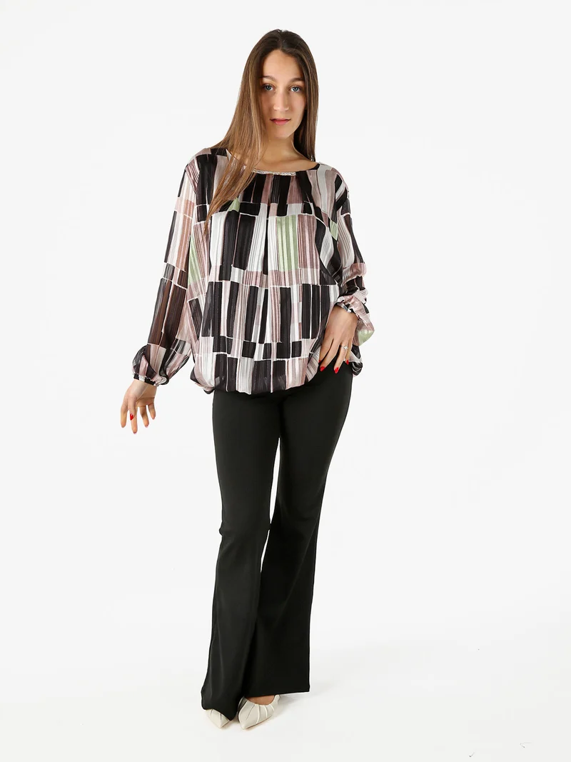 Blusa donna maniche lunghe con strass - nero