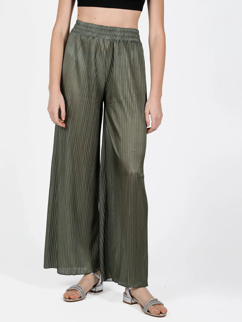Pantaloni donna leggeri a palazzo plissettati - oliva