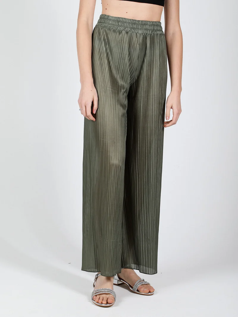 Pantaloni donna leggeri a palazzo plissettati - oliva