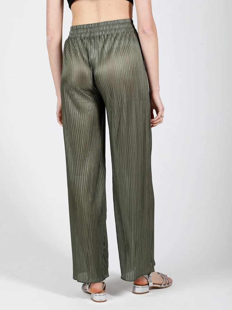Pantaloni donna leggeri a palazzo plissettati - oliva