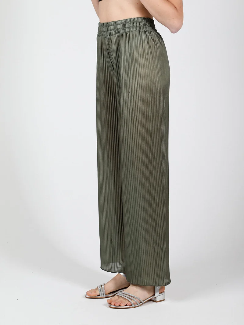 Pantaloni donna leggeri a palazzo plissettati - oliva