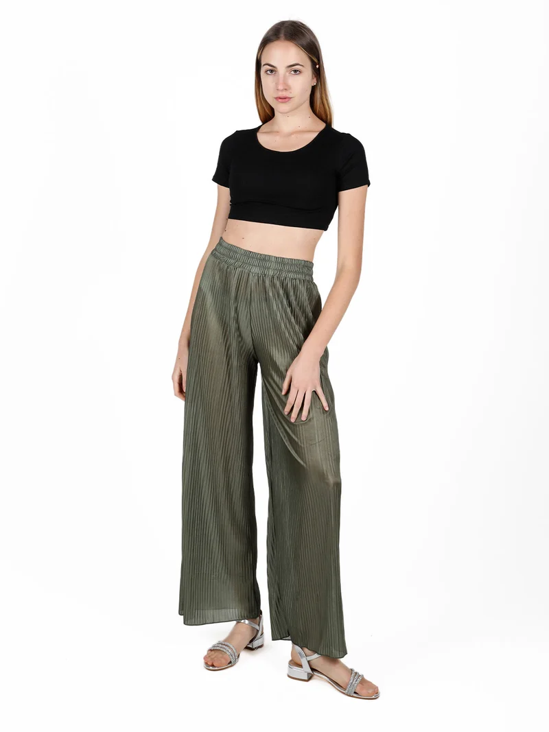 Pantaloni donna leggeri a palazzo plissettati - oliva