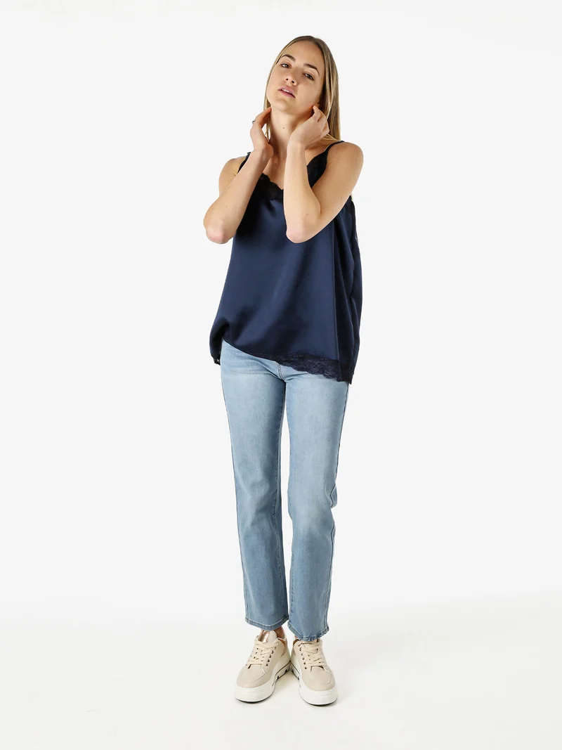 Top donna effetto raso con pizzo - blu scuro