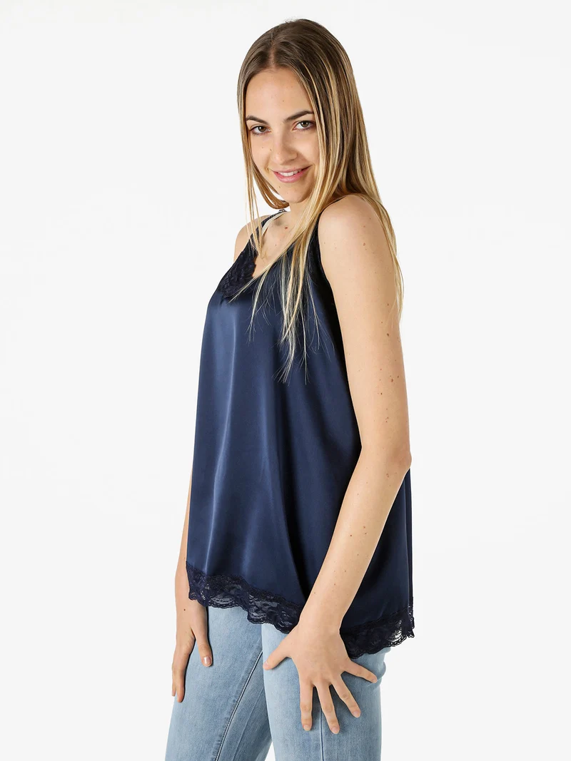 Top donna effetto raso con pizzo - blu scuro