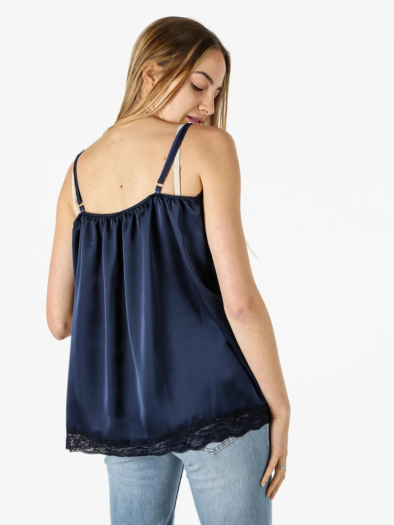 Top donna effetto raso con pizzo - blu scuro