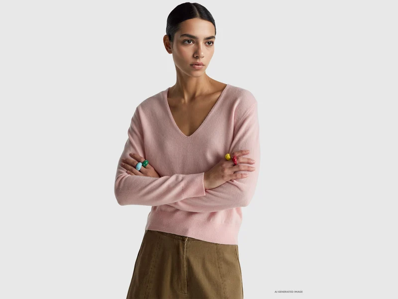 Puderrosa Pullover mit V-Ausschnitt aus reiner Merinowolle