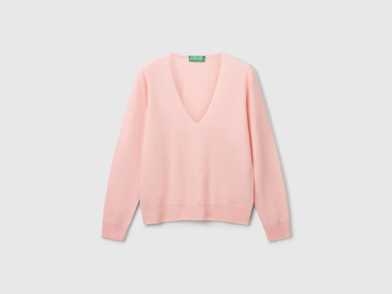 Puderrosa Pullover mit V-Ausschnitt aus reiner Merinowolle