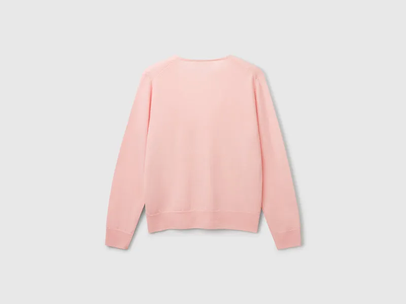Puderrosa Pullover mit V-Ausschnitt aus reiner Merinowolle