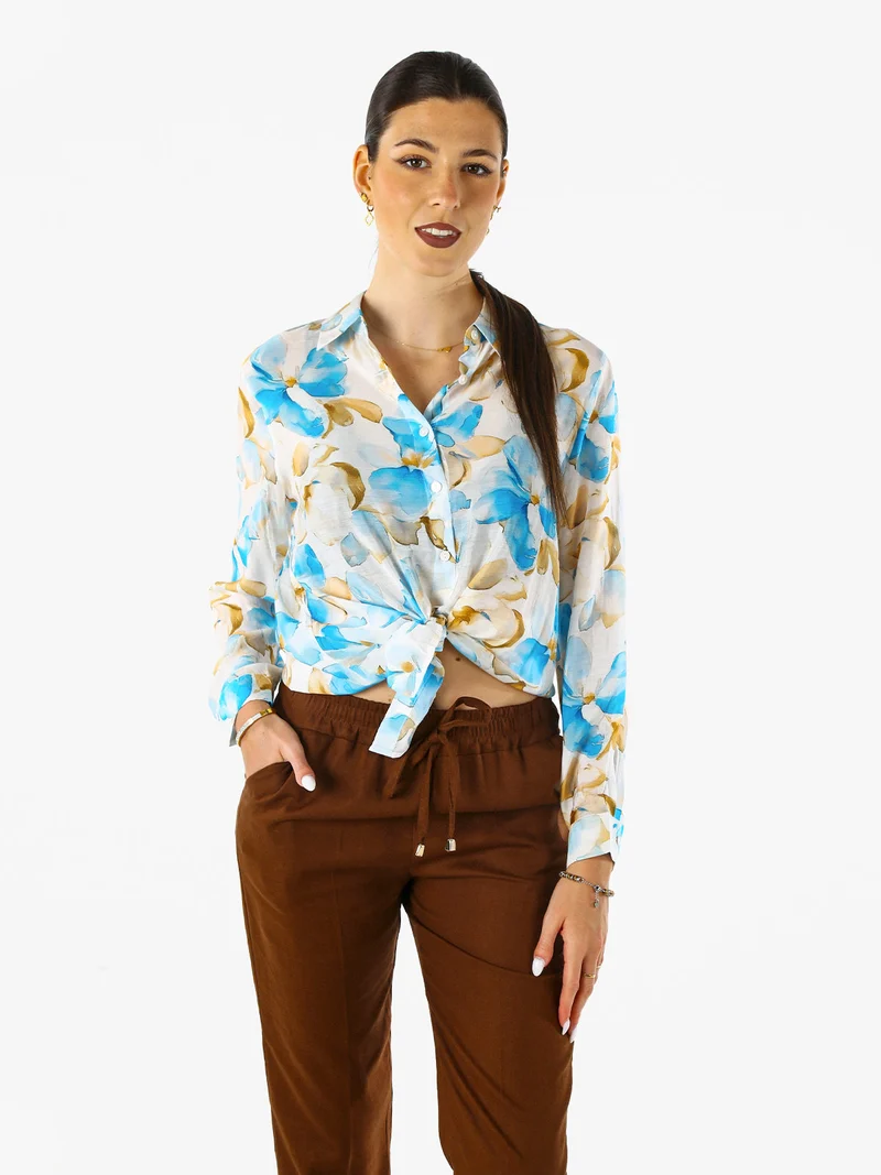 Camicia da donna in misto cotone con stampa floreale a maniche lunghe - azzurro