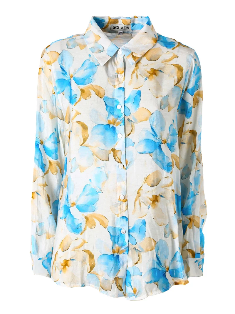 Camicia da donna in misto cotone con stampa floreale a maniche lunghe - azzurro