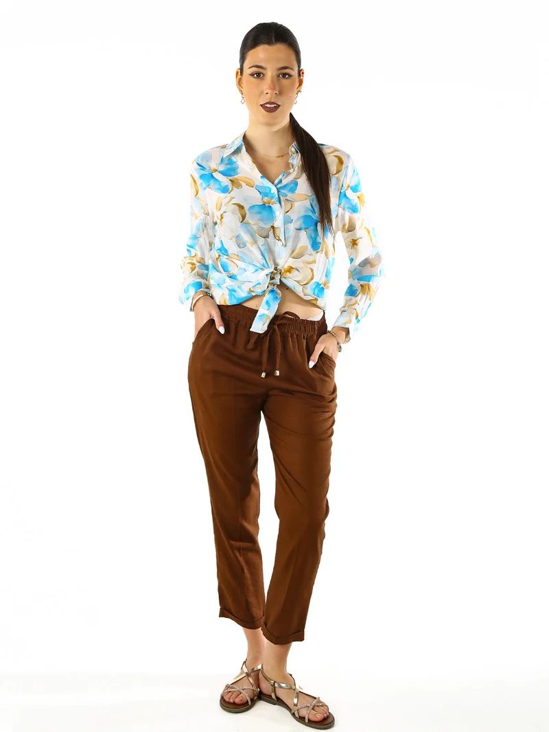 Camicia da donna in misto cotone con stampa floreale a maniche lunghe - azzurro