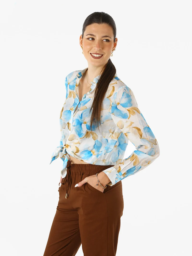 Camicia da donna in misto cotone con stampa floreale a maniche lunghe - azzurro