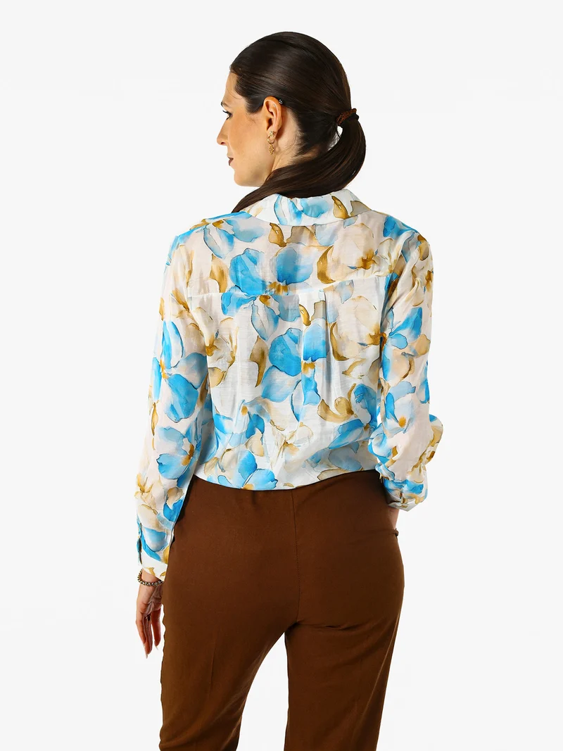 Camicia da donna in misto cotone con stampa floreale a maniche lunghe - azzurro