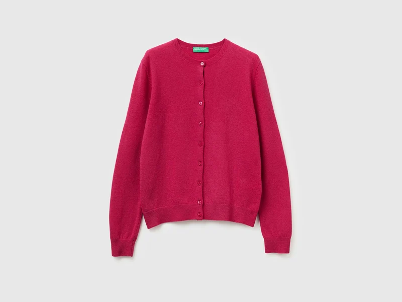 Fuchsiafarbene Strickjacke mit Rundhalsausschnitt aus reiner Merinowolle