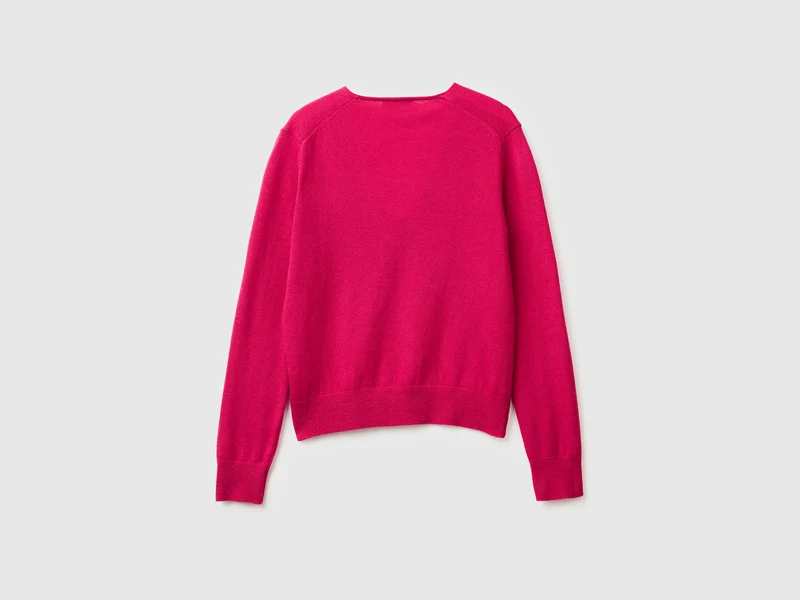 Fuchsiafarbener Pullover mit V-Ausschnitt aus reiner Merinowolle