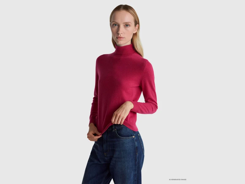 Fuchsiafarbener Rollkragenpullover aus reiner Merinowolle
