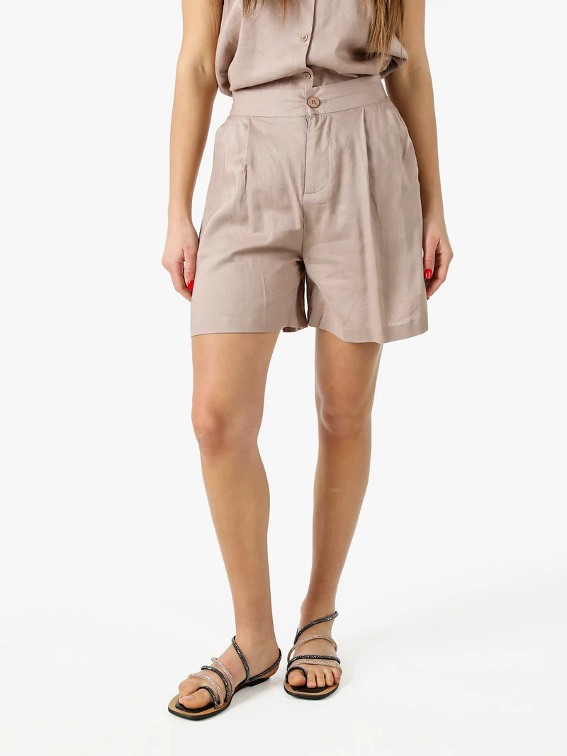 Shorts donna a vita alta in misto lino - khaki