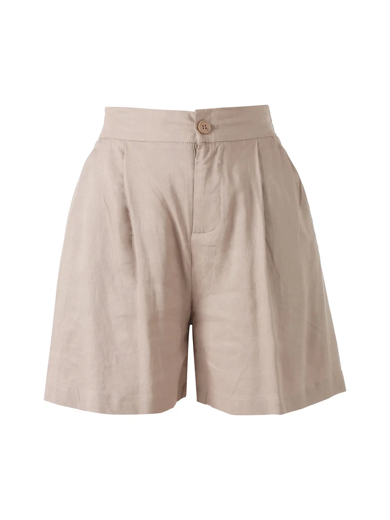 Shorts donna a vita alta in misto lino - khaki
